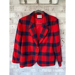 Pendleton Women's Vintage Red & Navy Plaid 100% Virgin Wool Blazer Size M